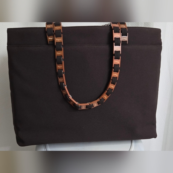 Salvatore Ferragamo Handbags - NWOT Salvatore Ferragamo Tote in Brown Nylon with Orange Vara Chain Straps